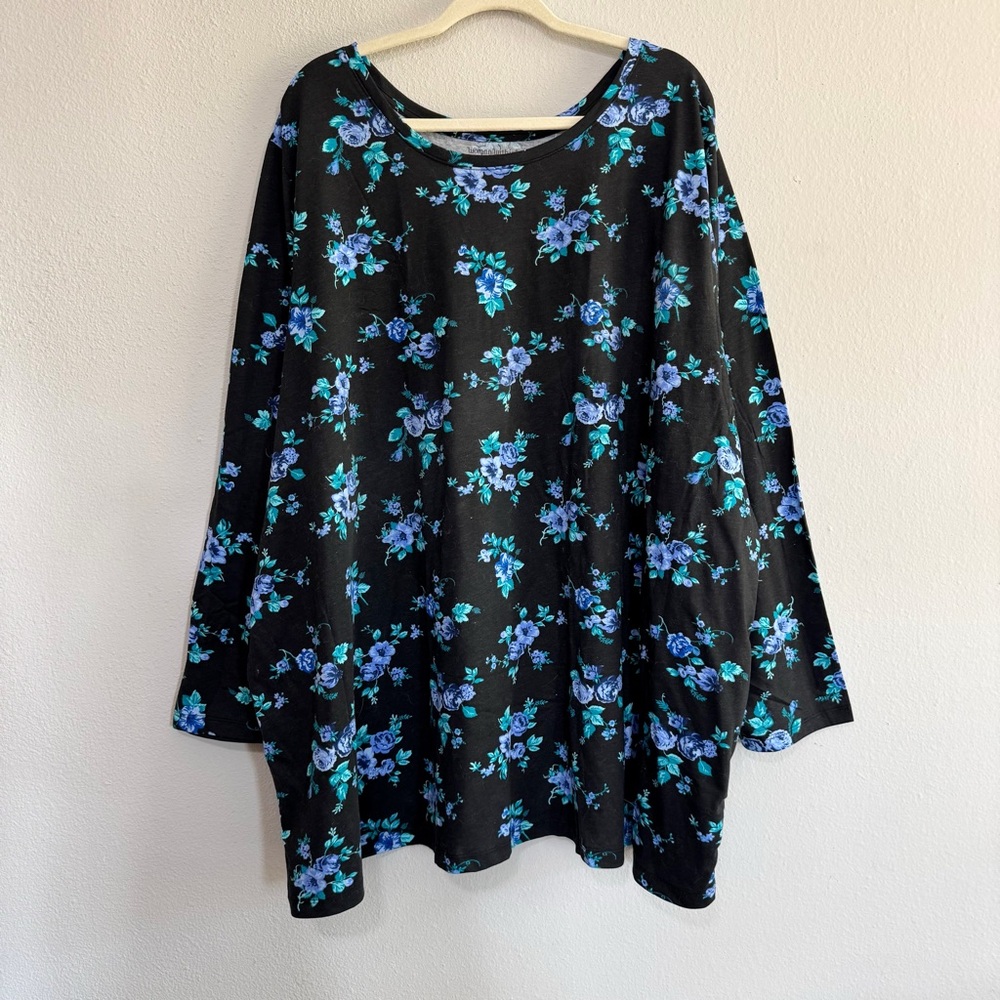 Woman Within 5X Floral Printed Black and Blue Long Sleeve Crew Neck Tee Top